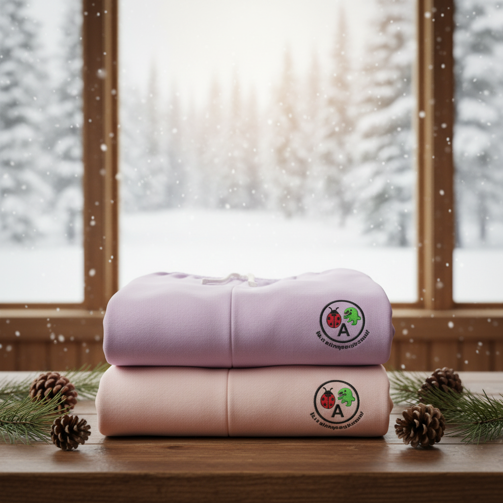 Folded joggers on cabin table with pine cones and snow