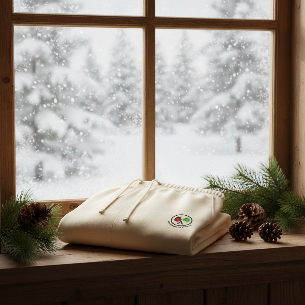 Folded shorts by cozy cabin window with snow and pine props