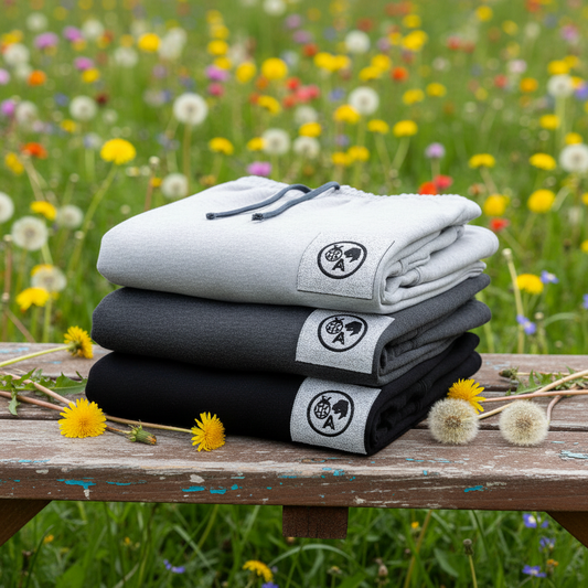 Folded sweatpants with dandelion props