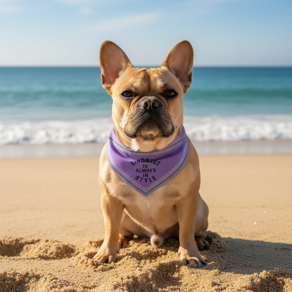 French Bulldog with bandana at beach