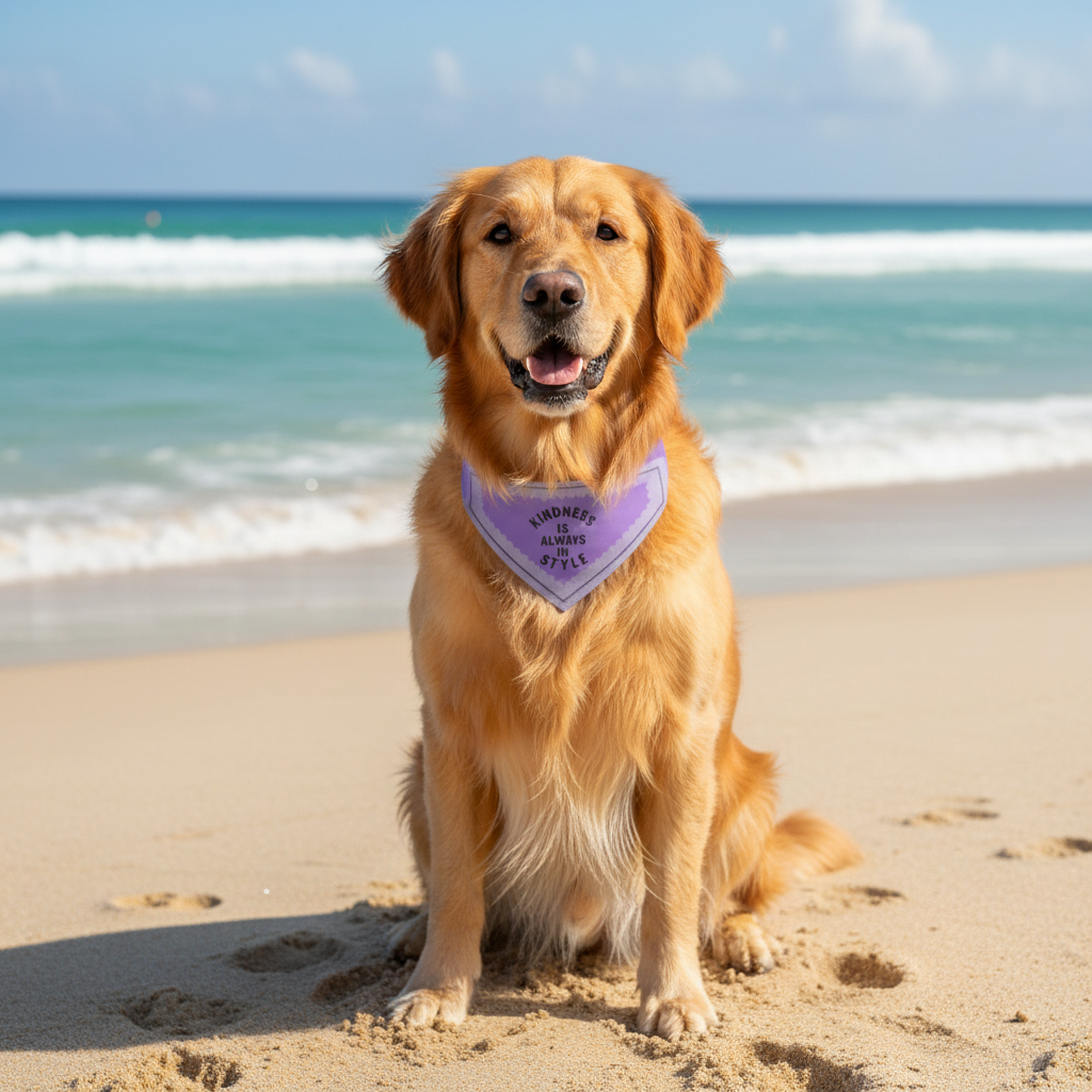 Golden Retriever with bandana at beach