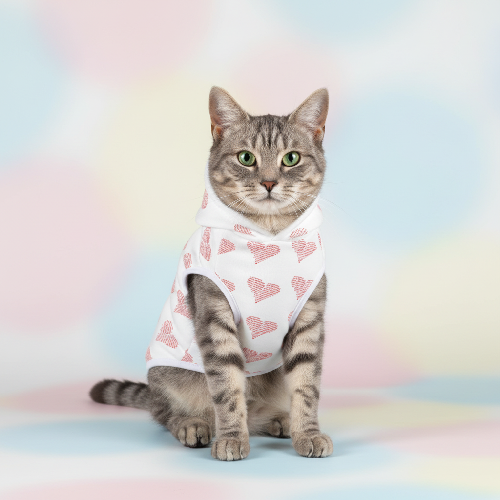 Gray tabby cat in heart hoodie