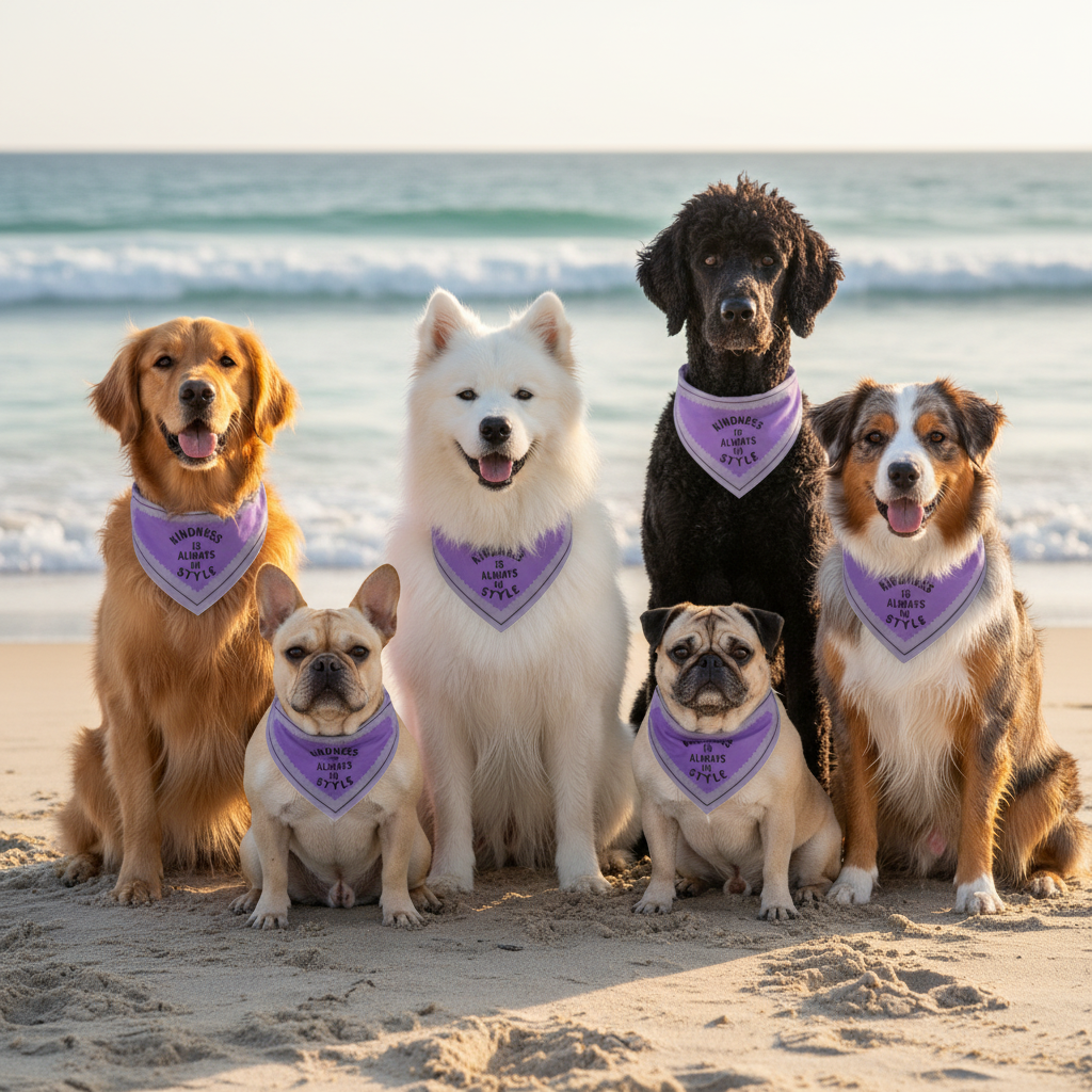 Group of dogs with bandanas at beach