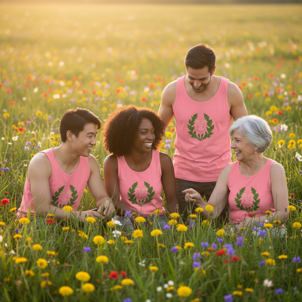 Group wearing pink tank tops in meadow