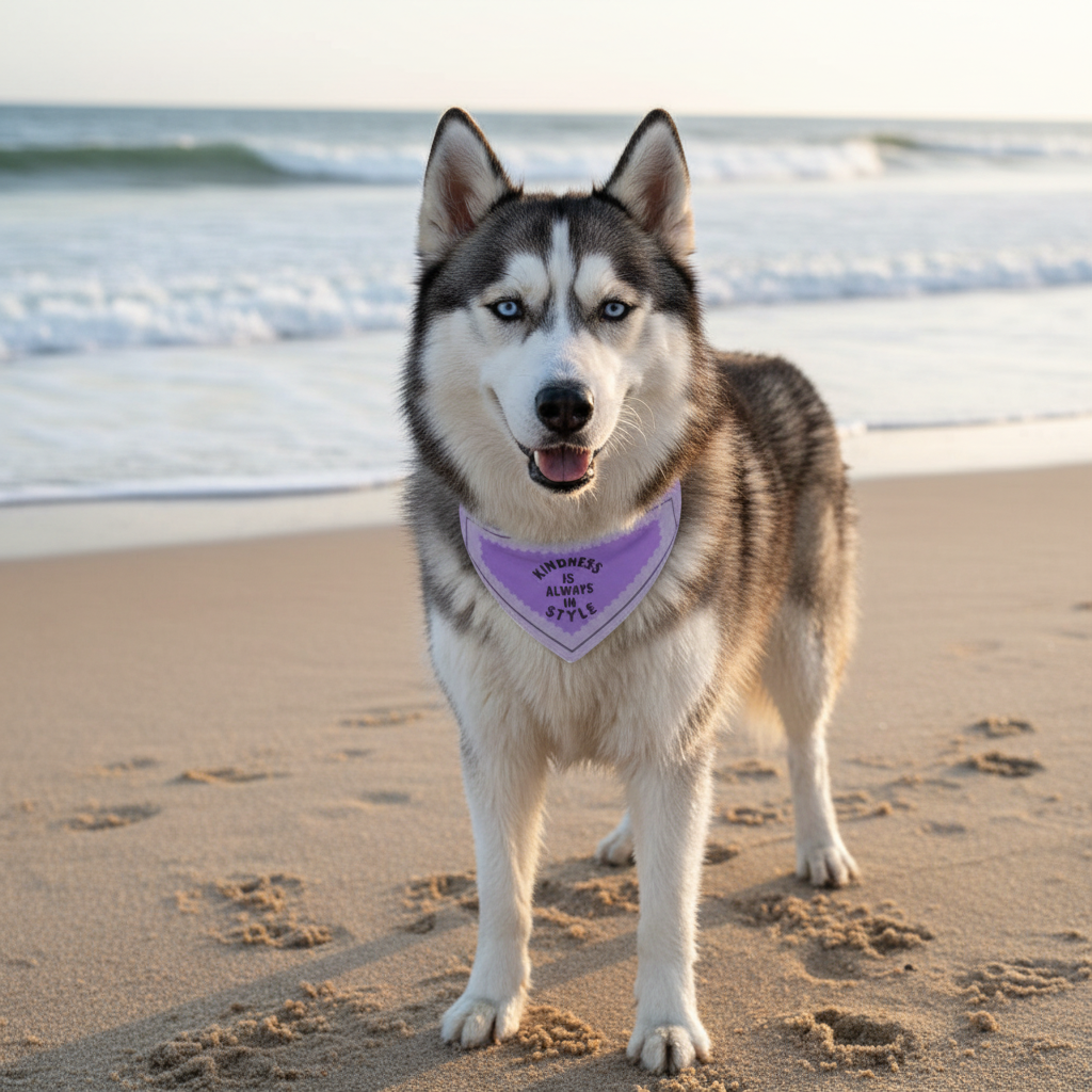 Husky with bandana at beach