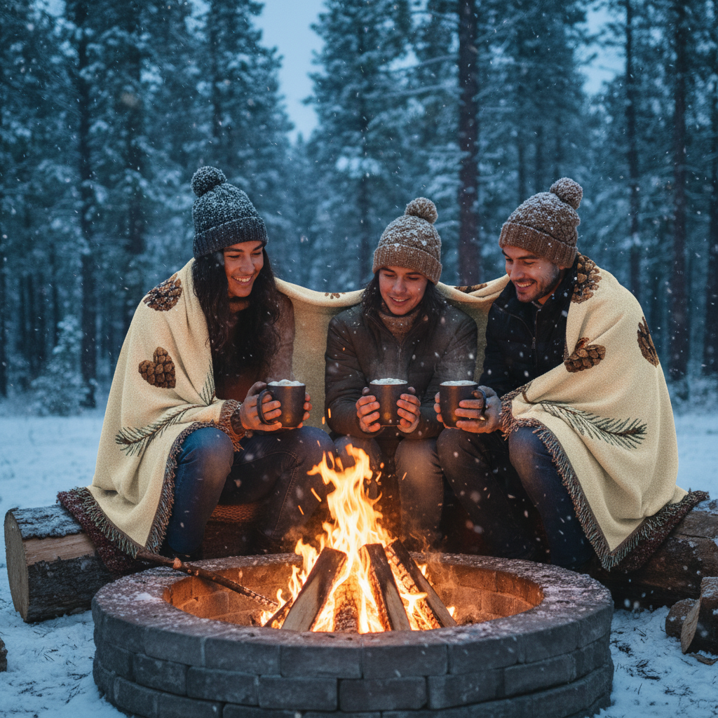 Intimate winter bonfire with blanket focal point