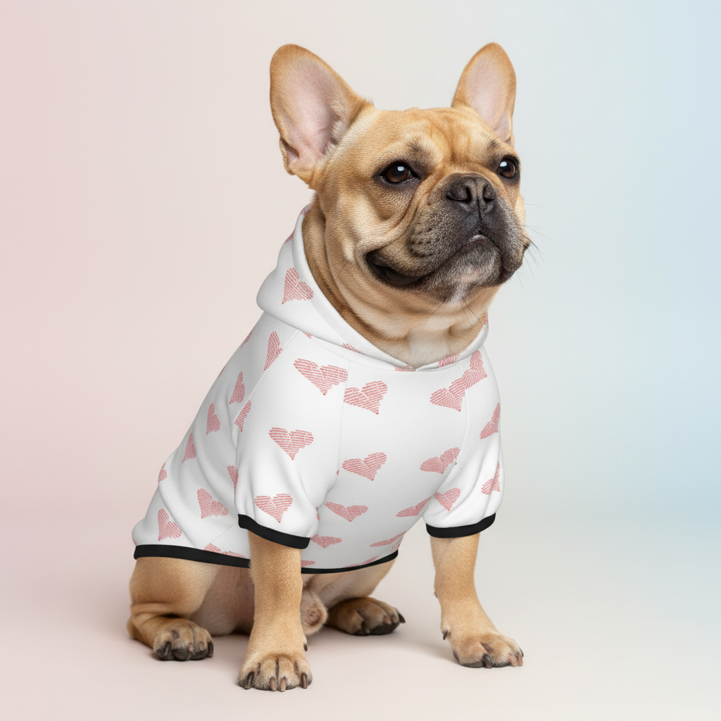 Large French Bulldog in heart hoodie