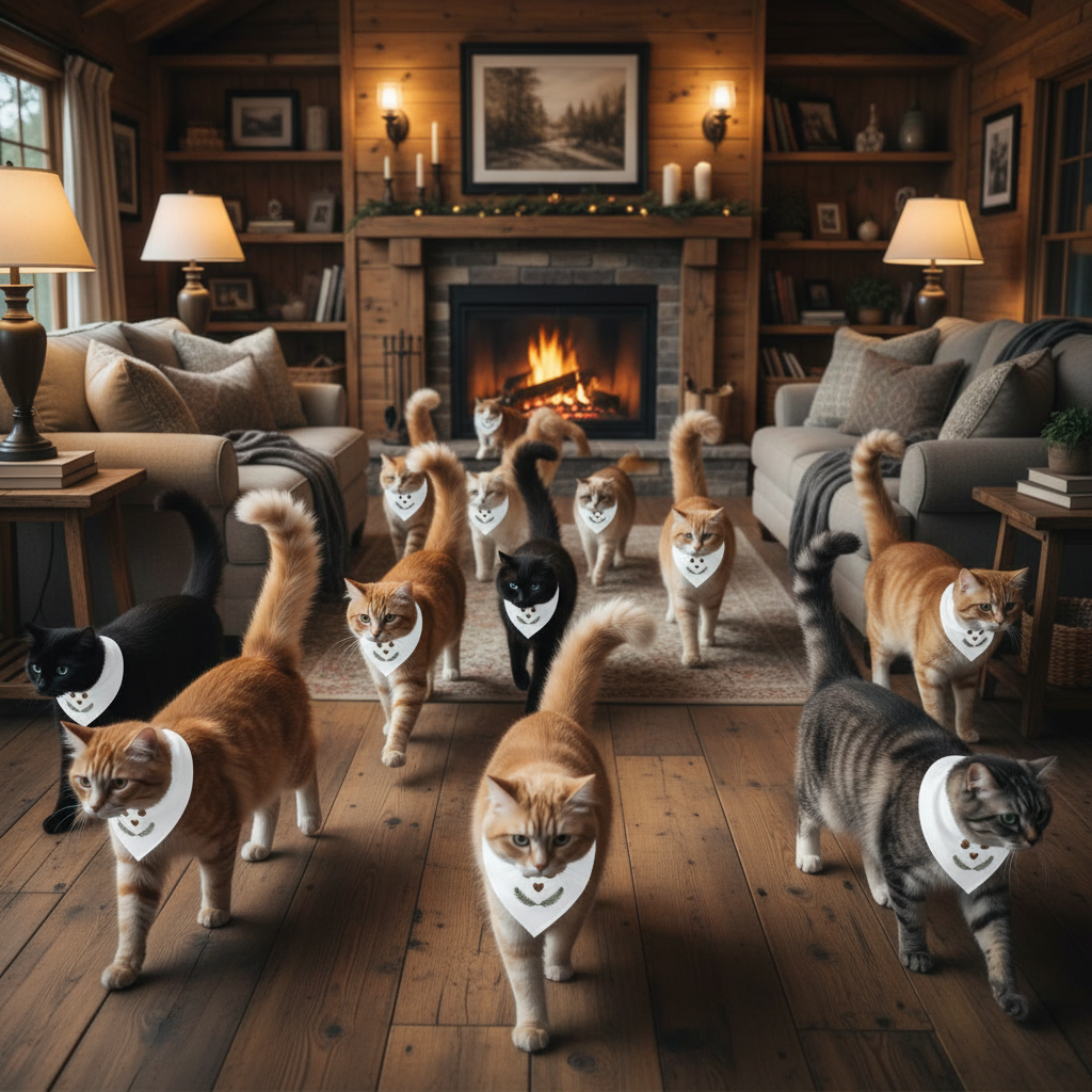 Large group of cats walking around cabin all wearing bandanas