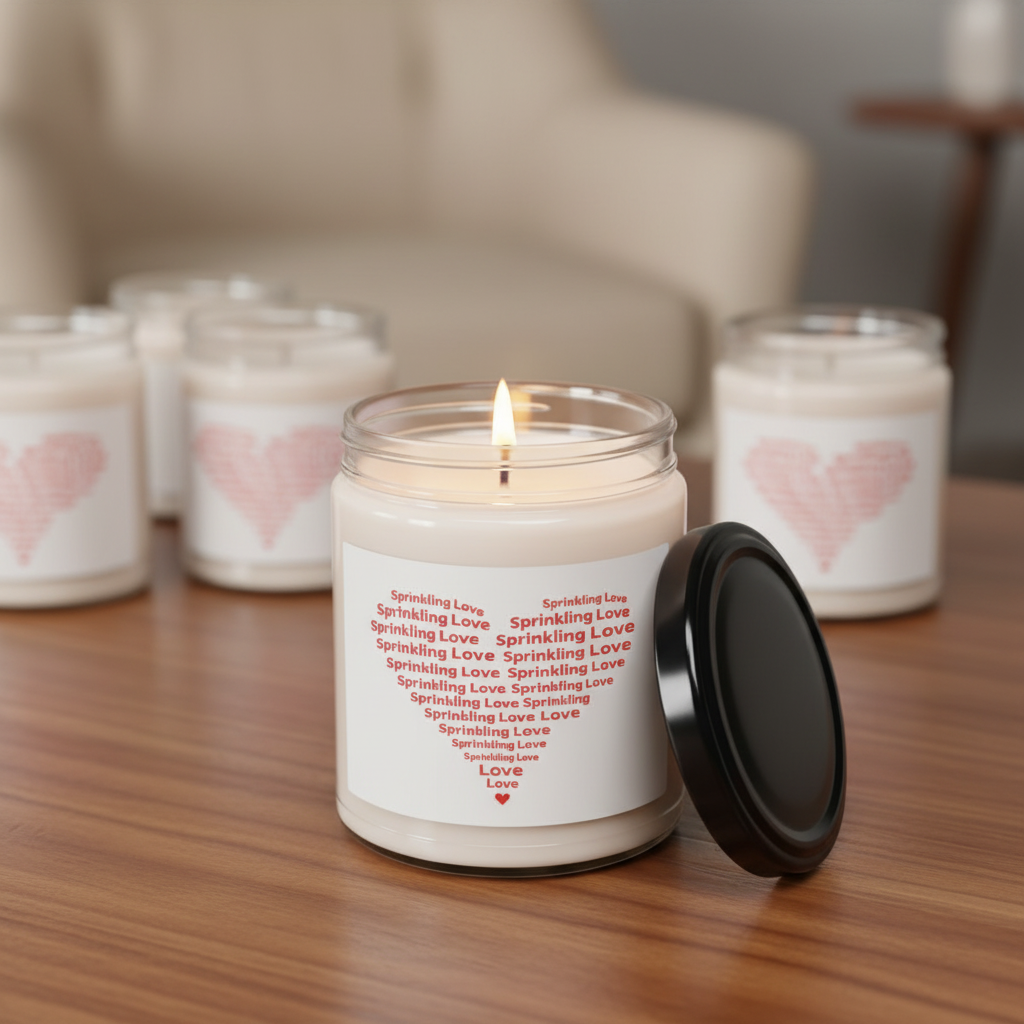 Lit candle on table with heart design
