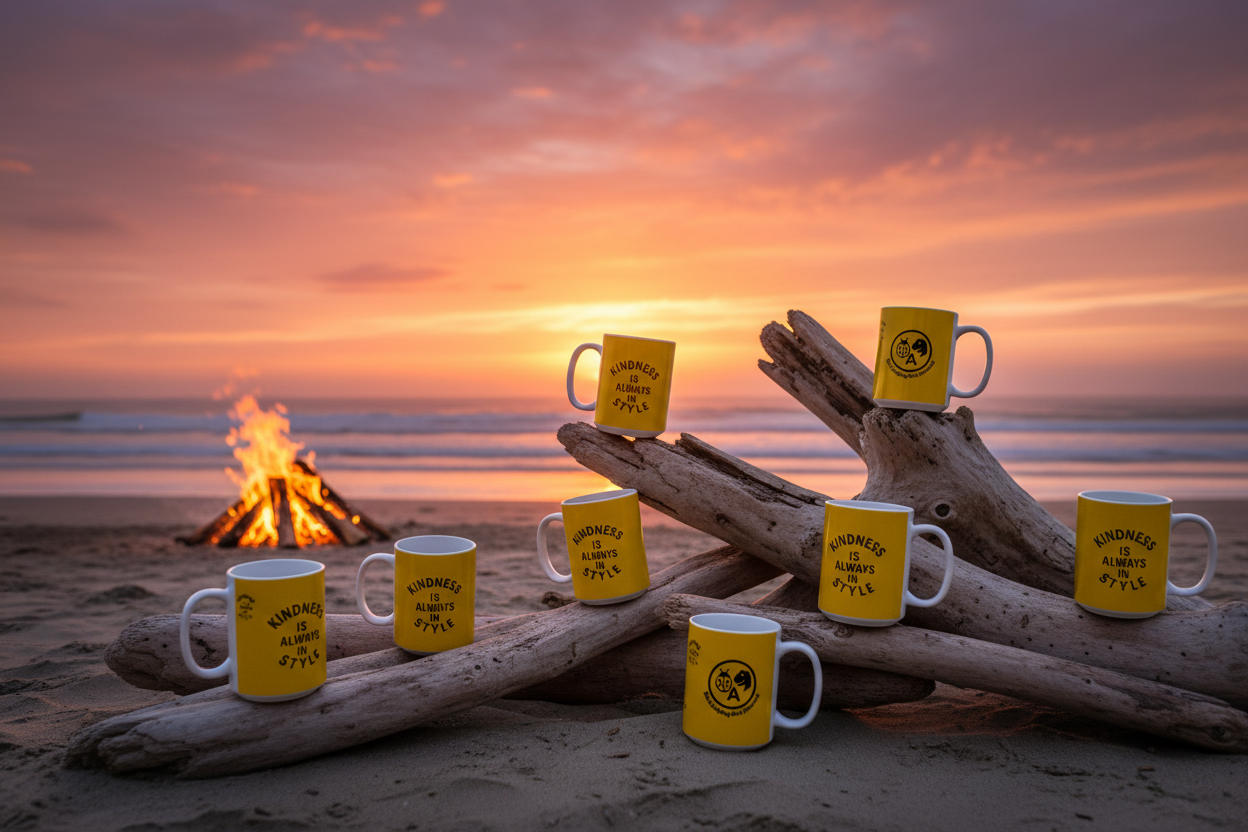 Majestic sunset beach scene with Kindness mugs on driftwood