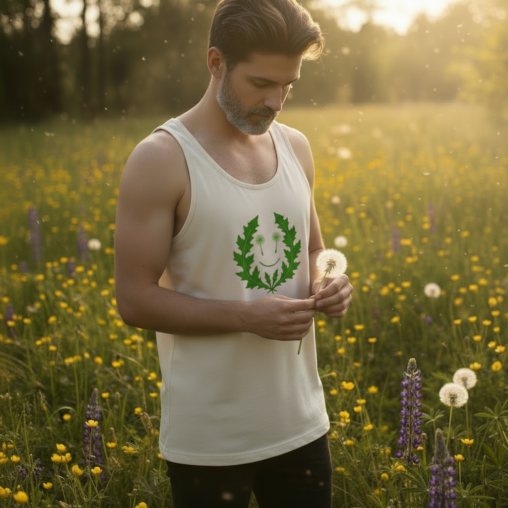 Man in his 50s in meadow with green dandelion design tank top