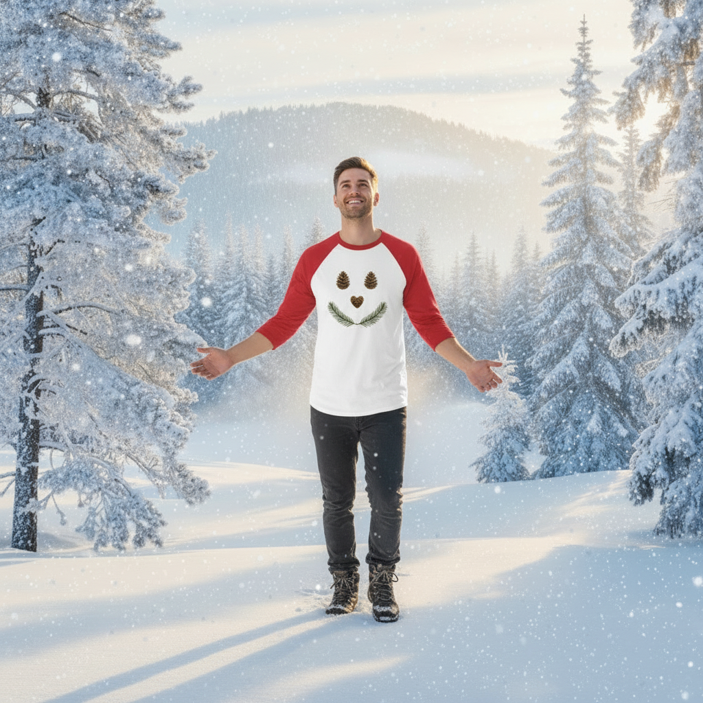Man wearing red sleeve tee in magical winter wonderland