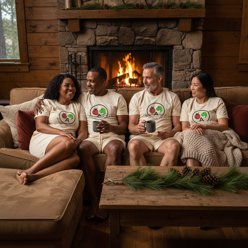 Mature adults in cream winter collection relaxing in cozy cabin
