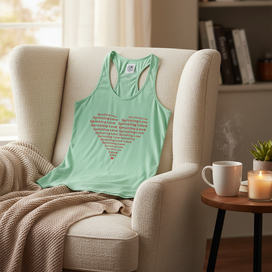 Mint green tank positioned higher on chair featuring heart