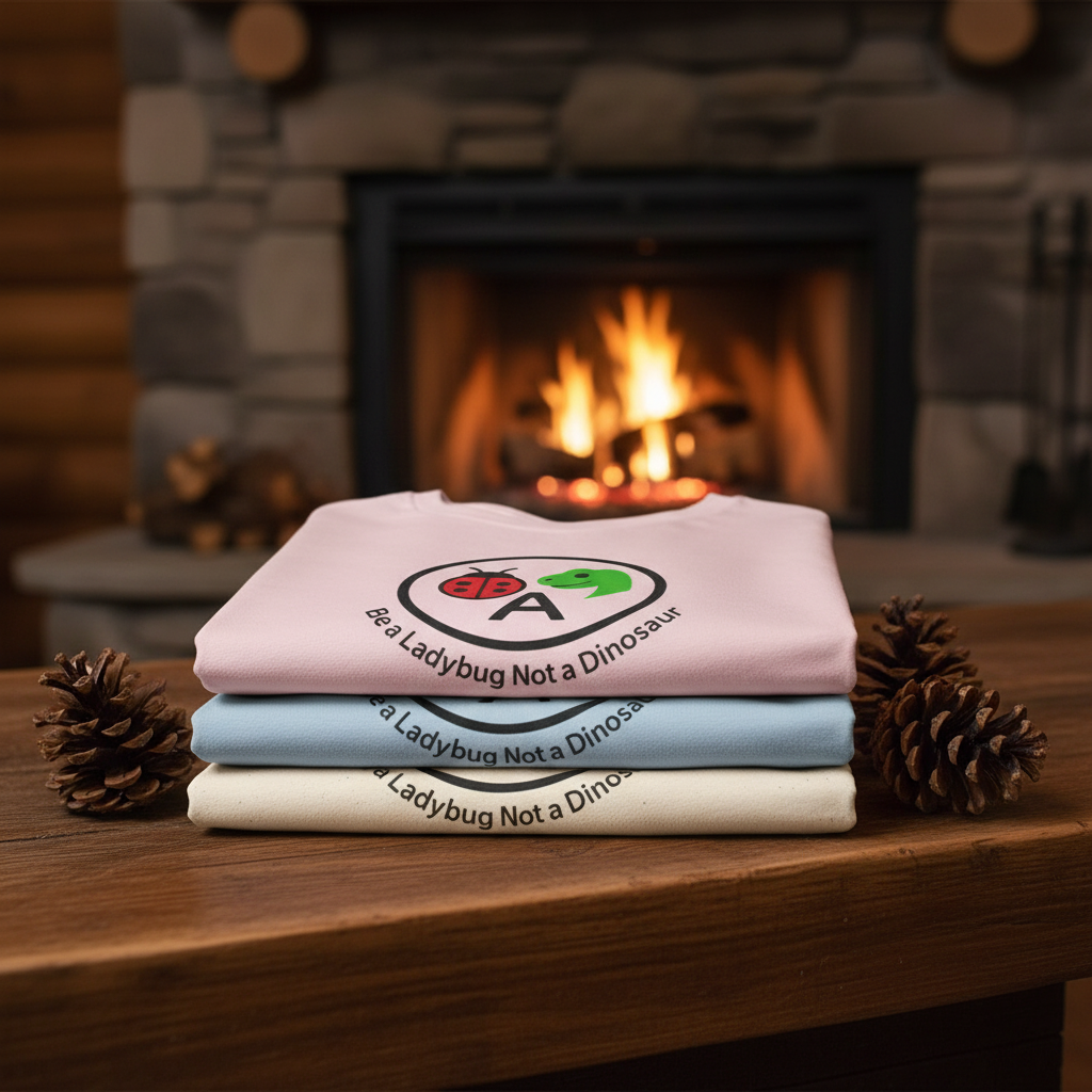Neatly folded tees by fireplace with pine cones