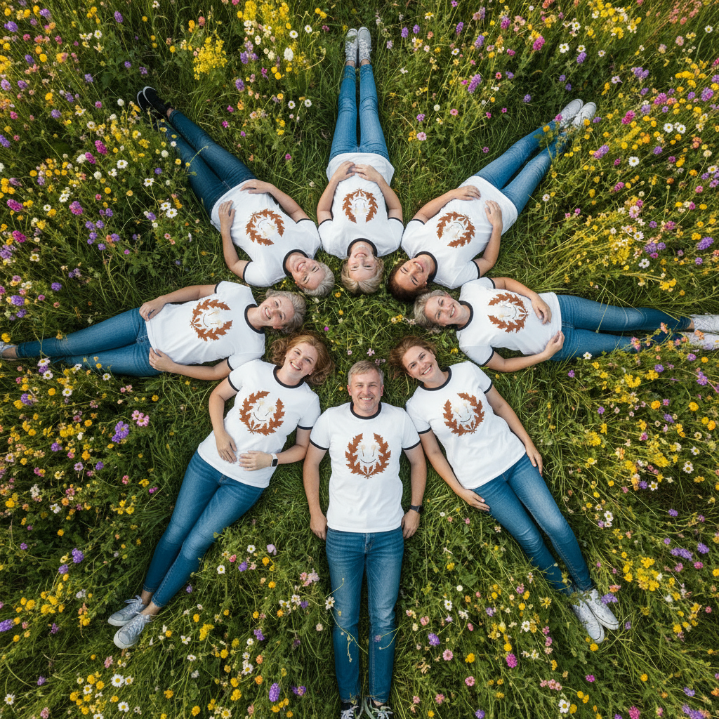 Older adults in meadow with colorful flowers
