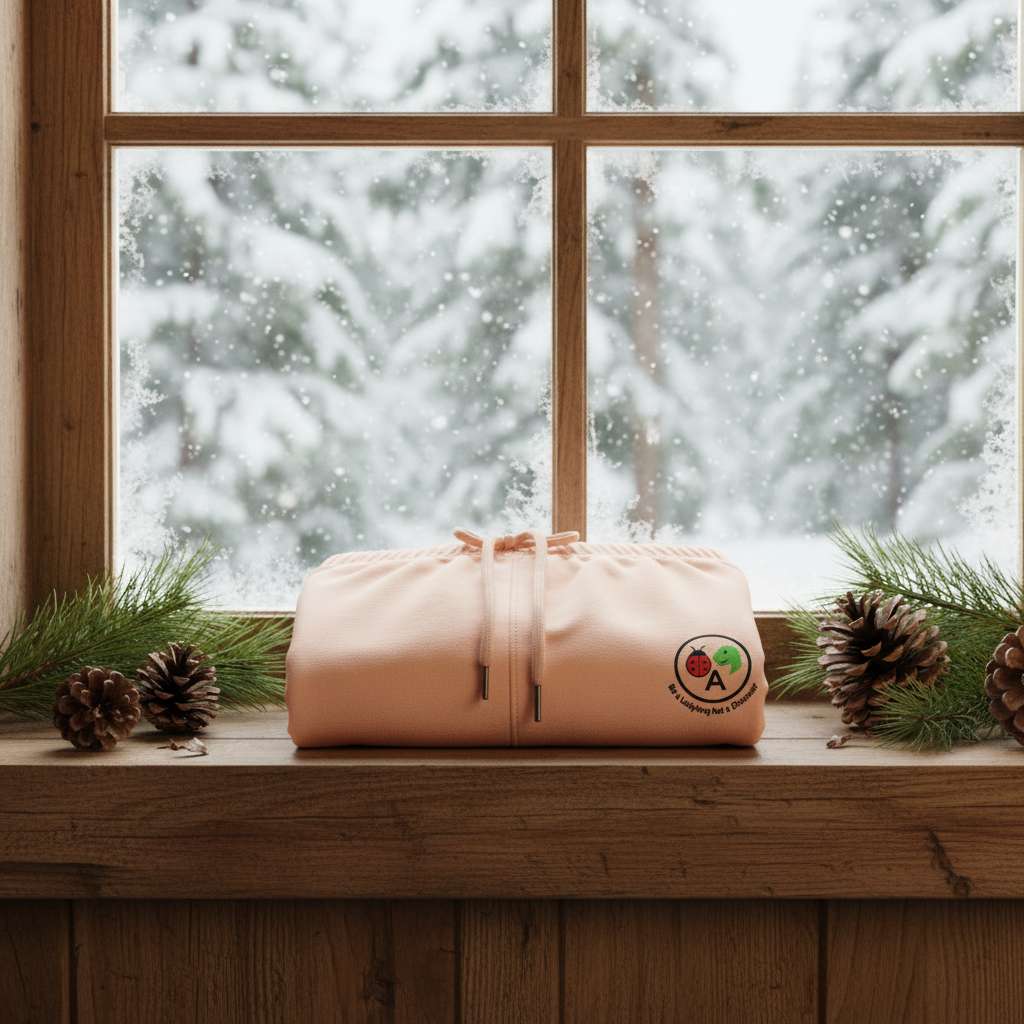 Peach shorts by cabin window with logo featured