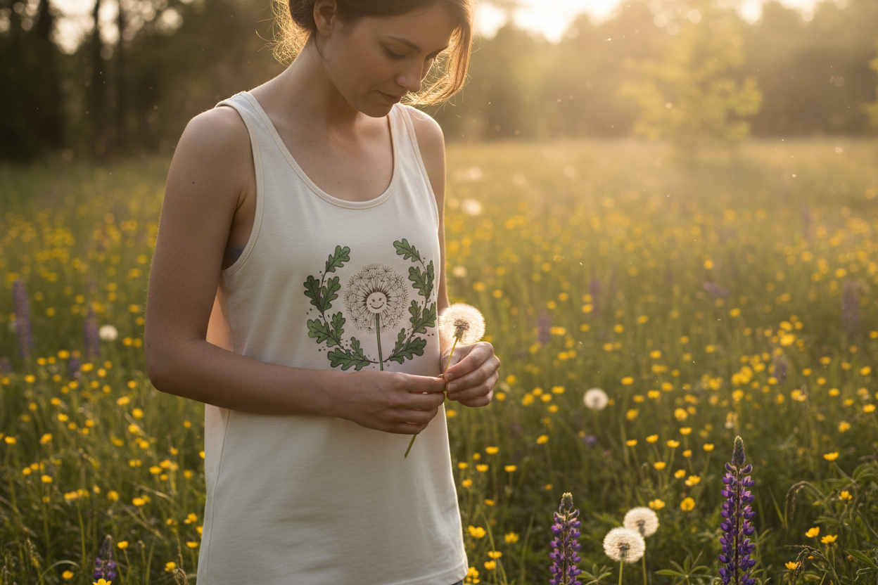 Person wearing tank top looking at dandelion