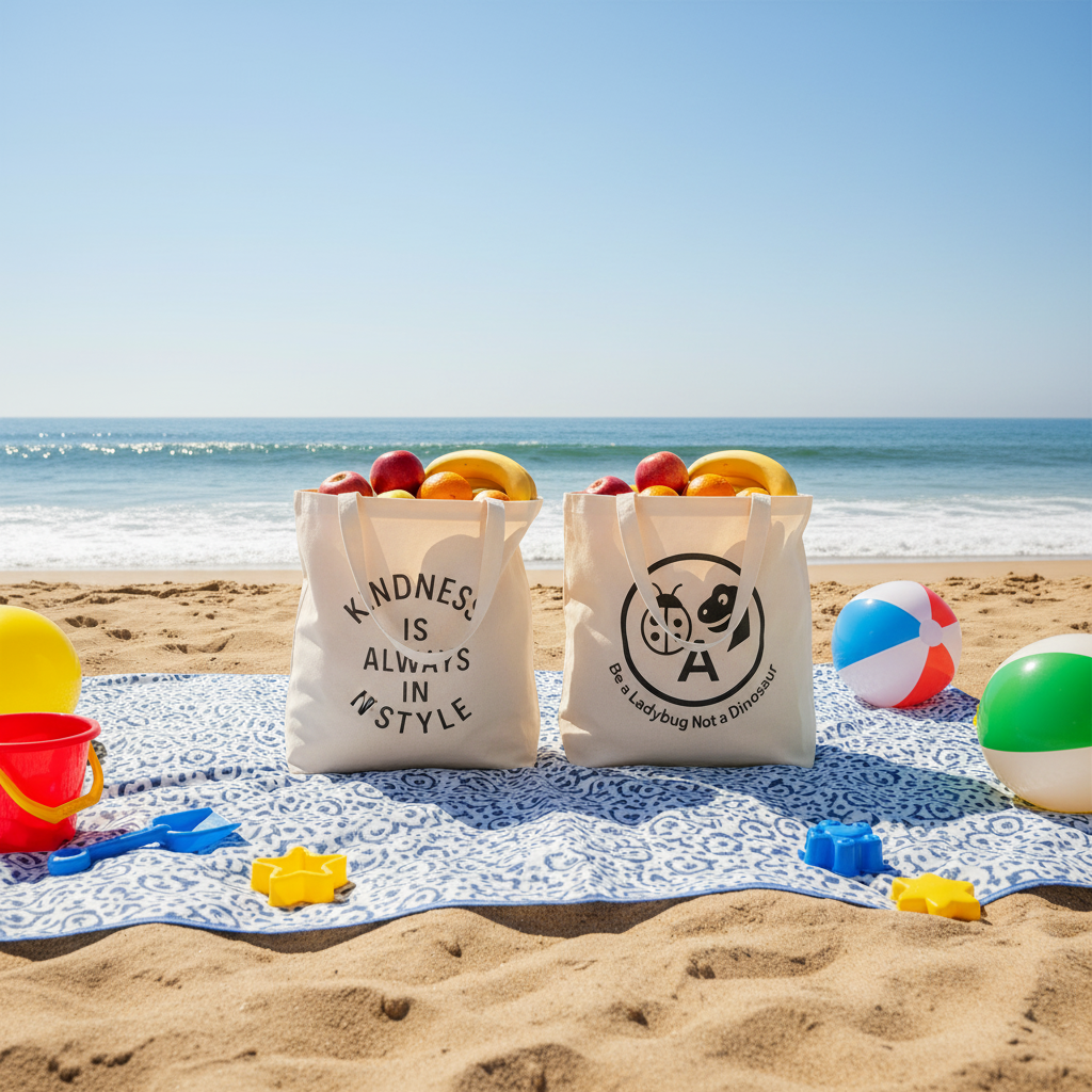 Picnic blanket with tote bags, beach balls and sand toys