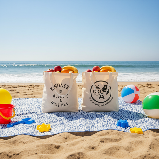 Picnic blanket with tote bags, beach balls and sand toys
