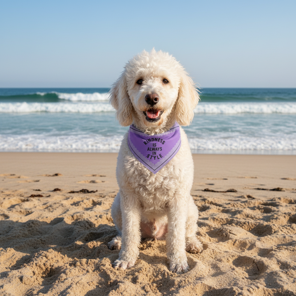 Poodle with bandana at beach