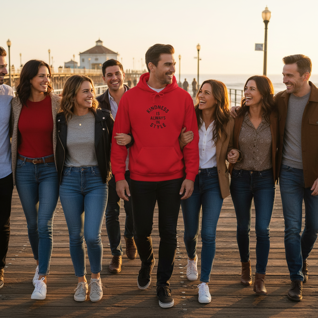 Red Hoodie Male Diverse Group Logo Focus