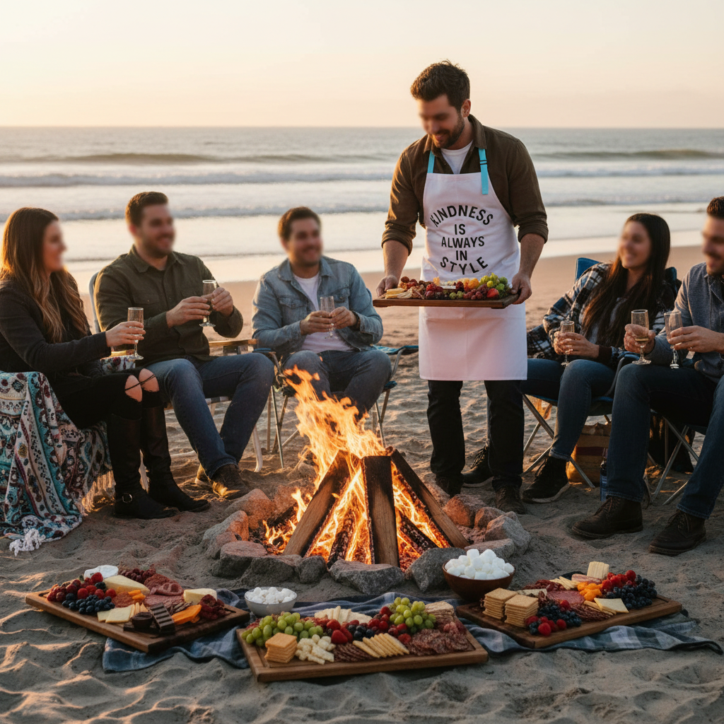 Relaxed beach bonfire with chef serving guests