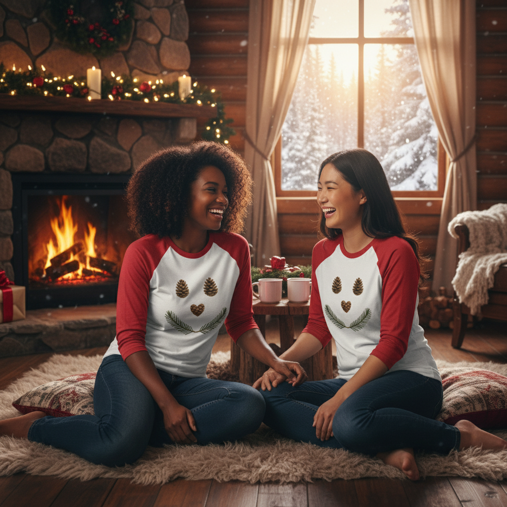 Same-sex couple wearing red sleeve winter tees