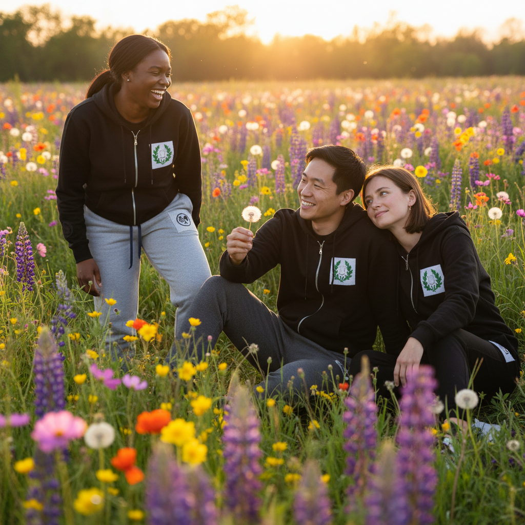 Small diverse group in meadow lifestyle shot