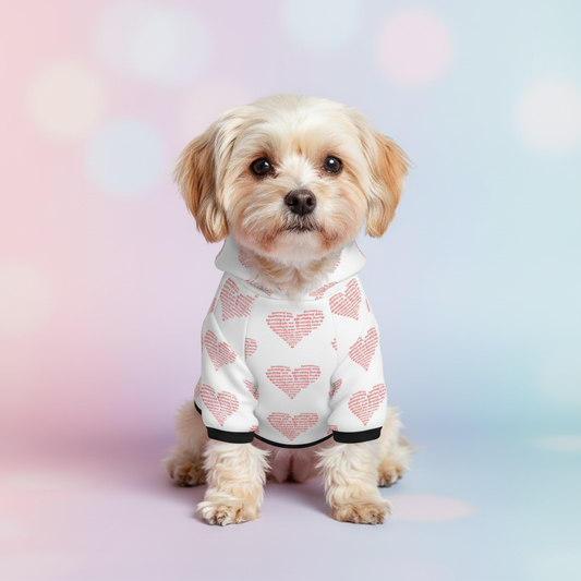 Small dog in heart hoodie
