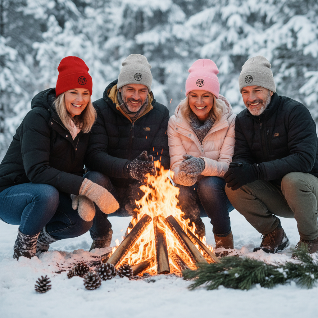 Snowy Bonfire Lifestyle Beanie Mockup - Mature Adults