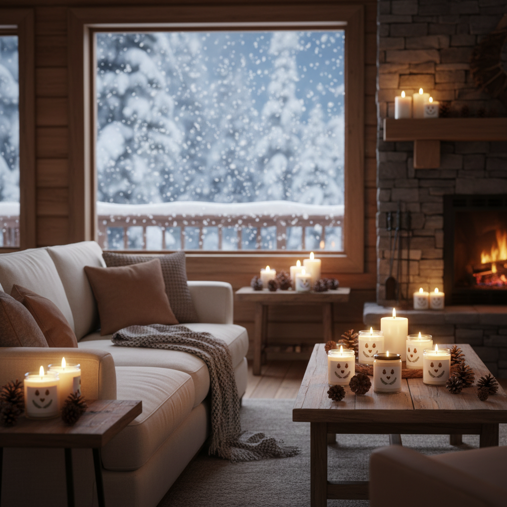 Snowy cabin candle scene with multiple candles