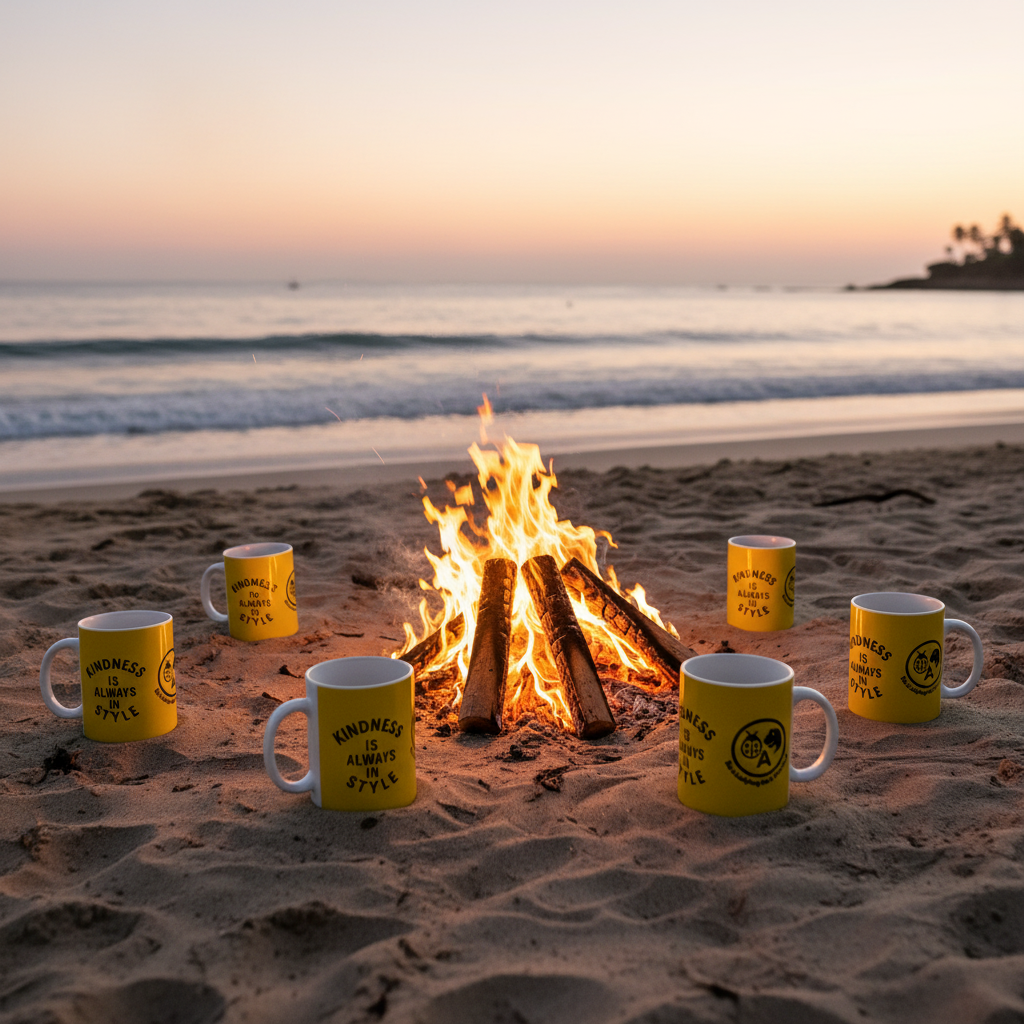 Square beach bonfire scene with Kindness mugs
