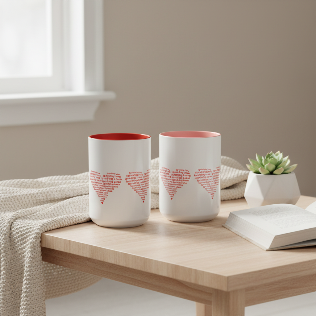 Square format coffee table scene with red and pink Sprinkling Love mugs