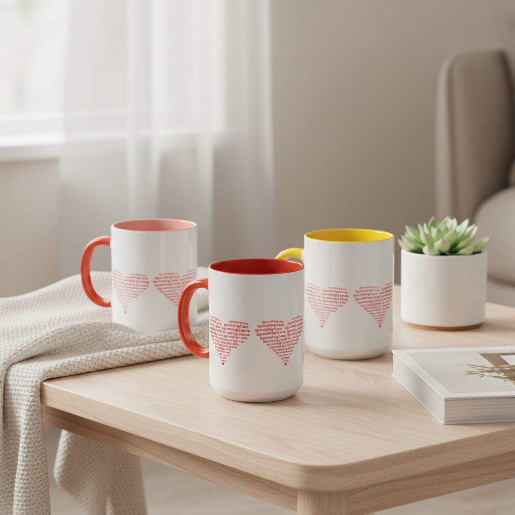 Square format coffee table scene with red, yellow, and pink Sprinkling Love mugs