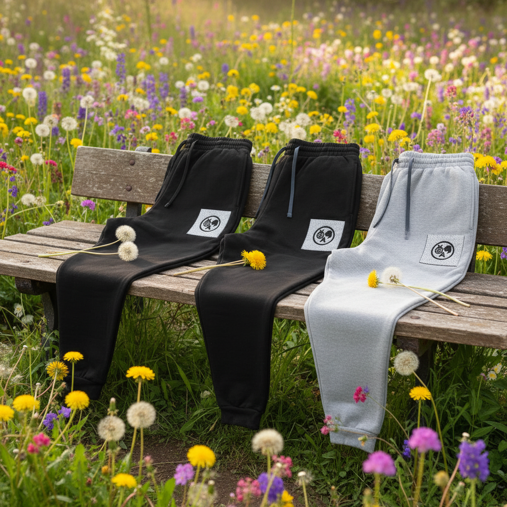 Sweatpants spread on bench featuring logo