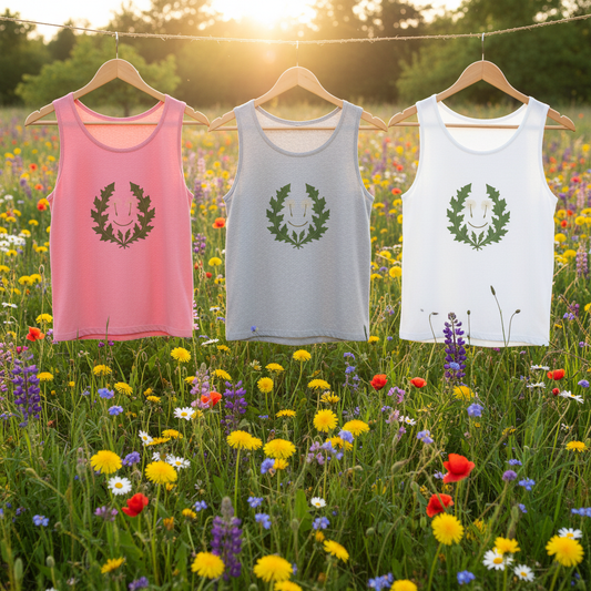 Tank tops on vintage hangers in meadow