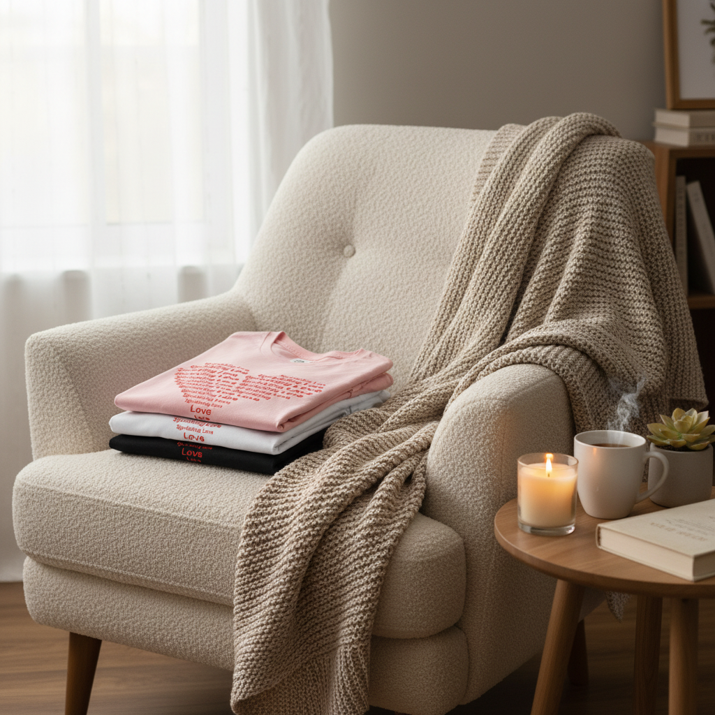 Three neatly folded tees on cozy chair
