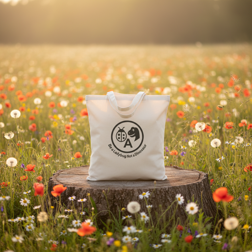 Tote bag on tree stump
