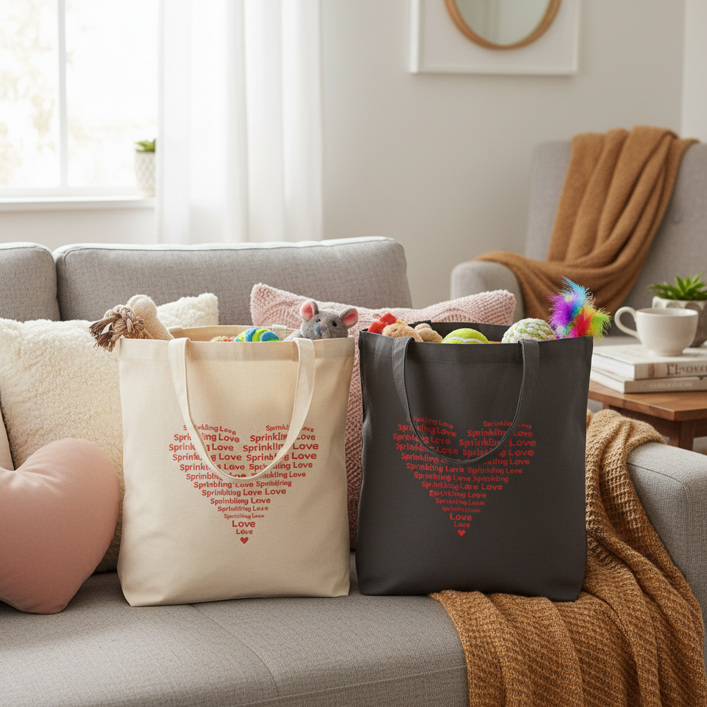 Tote bags on couch with pet toys and heart pillows