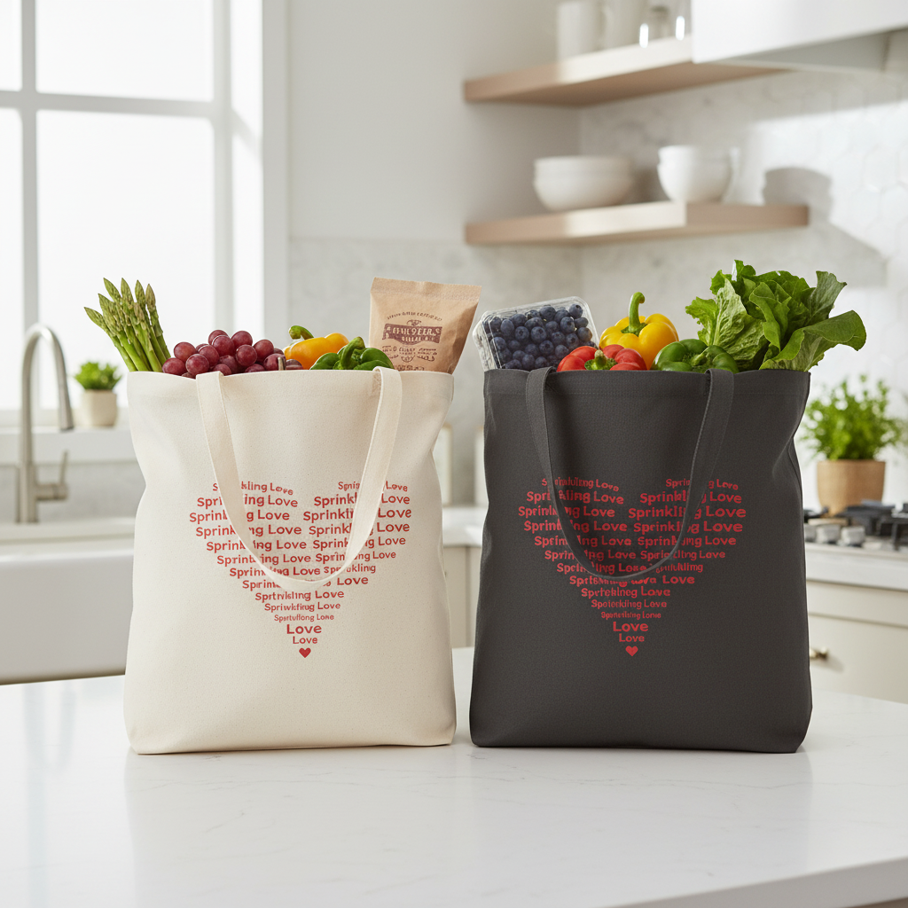 Tote bags on kitchen counter with groceries