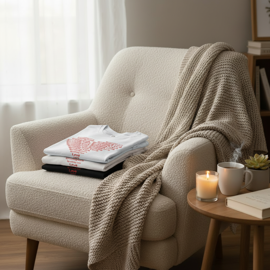 Two folded tanks on cozy armchair with heart design