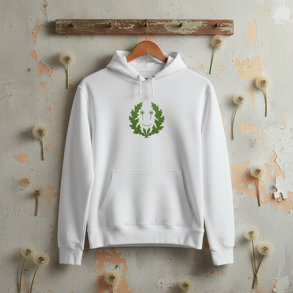 White hoodie with dandelion wall