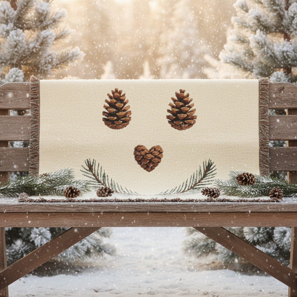 Winter bench featuring happy pine cone face