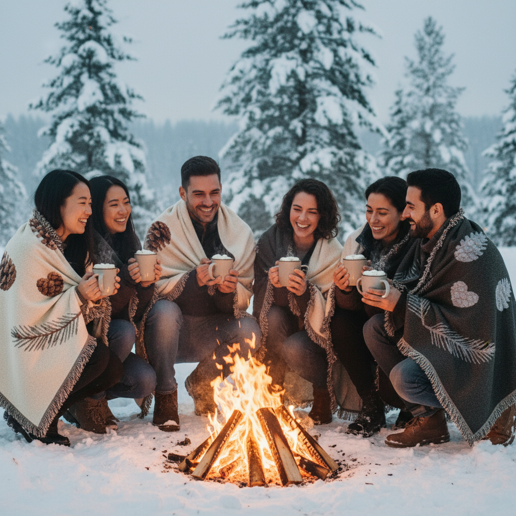 Winter bonfire scene with woven blanket