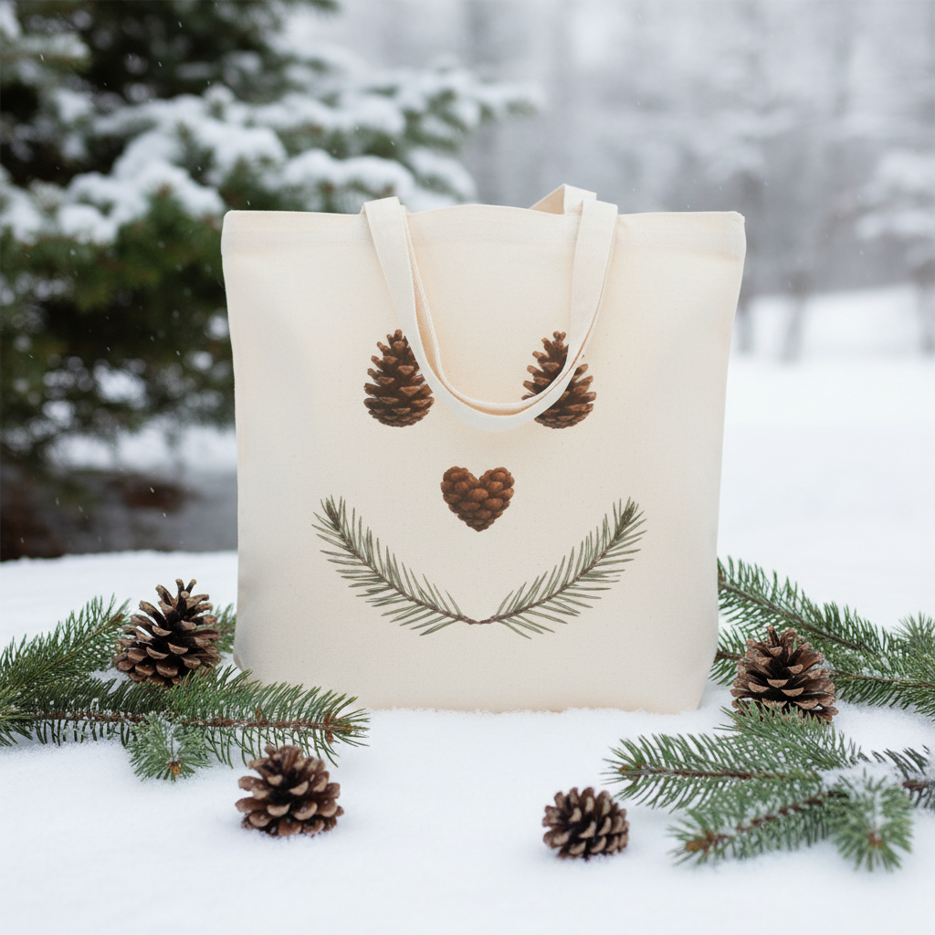 Winter Wonderland Tote Bag with Pine Cone Smiley Face