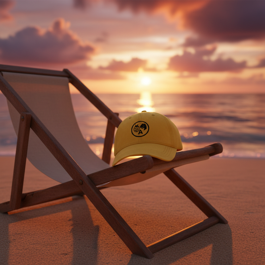 Yellow hat beach sunset mockup